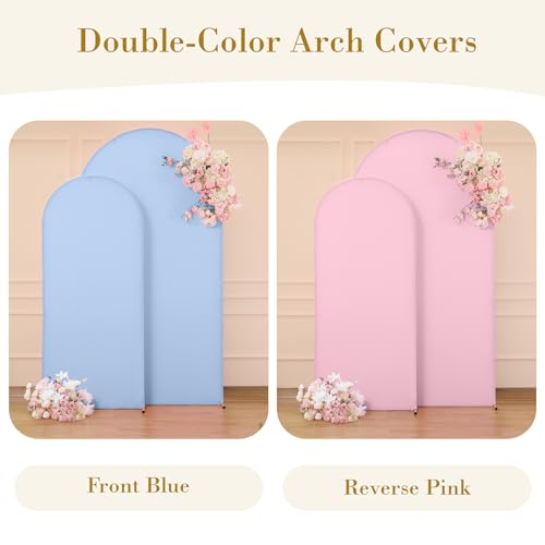 Image of Pink Blue Arch Backdrop Cover Set of 2 Gender Reveal Arch Covers Stretchy Backdrop 7.2 and 6ft Spandex Balloon Arch Stand Covers for Baby Shower Boy or Girl Birthday Party Banquet Photo Background