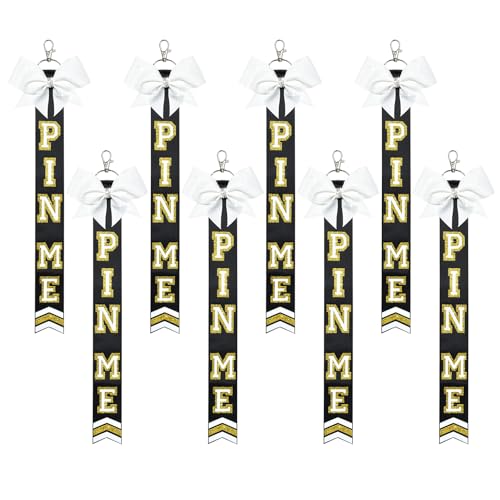 DEEKA 12 PCS Cheer Pin Me Ribbon for Backpack Glitter Cheerleader Keychain Bulk Cheer Gifts Cheer Bow Keychain Bag Tag Cheer Clothes Pin Charms -Gold