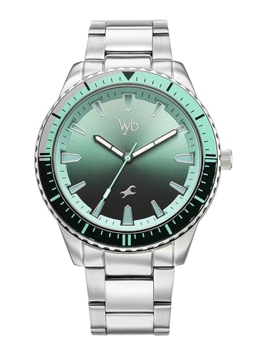 Image of Fastrack Vyb Hustler with Quartz Analog Green Dial Steel Strap Watch for Men - FV30050KM01