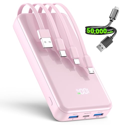Image of Portable Charger,50000mAh Power Bank Built-in Cable, 22.5W PD USB C In & Out Fast Charging, External Battery Pack with 6 Output & 2 Input, Travel Phone Charger for iPhone 17 /16 /15 /14 /13 /12(Rosy)