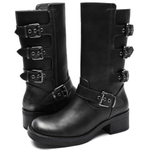 GLOBALWIN Women's Motorcycle Boots Fall Fashion Mid Calf Boots For Women Square Toe Low Heel