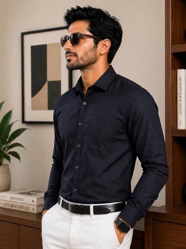 Image of Pinkmint Mens Cotton Regular Fit Long Sleeve Button Down Shirt for Men Collared Casual Formal Soild Shirt