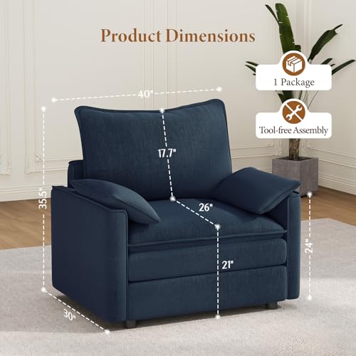 Image of Vesgantti 40 inch Single Seat Sofa, Comfy Cloud Couch Deep Seat Upholstered Couch Chenille Modern Sofa with Armrest Pillow, Easy Assembly for Living Room, Bedroom and Apartment, Blue