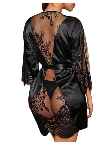 SOLY HUX Womens Lace Sheer Satin Robe Silk Kimono Bridesmaid Robes Sleepwear with Belted Plain Black Medium