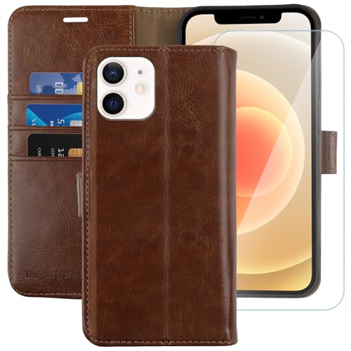 MONASAY Wallet Case Compatible for iPhone 12 mini 5G 5.4-inch [Glass Screen Protector Included] [RFID Blocking] Flip Folio Leather Cell Phone Cover with Credit Card Holder Brown