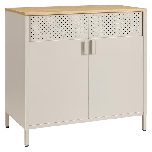 SONGMICS Armario de Almacenamiento, Aparador de Metal, Doble Puerta Magnética, Estante Ajustable, Marco de Acero, 40 x 80 x 76 cm, Beige Arena y Beige Natural LSC102L01