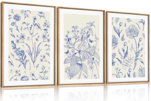 Image of KAIRNE Navy Blue and White Floral Framed Canvas Wall Art Set,Chinoiserie Flower Wall Decor,Watercolor Botanical Art Prints,Modern Wildflower Artwork for Living Room,Bedroom,Farmhouse,Office-16 x24 x3