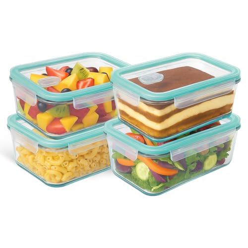 Fiambrera de Cristal rectangular, Recipientes de Cristal para Alimentos, Cierre Hermeticos con Tapa, Reutilizables, Apto Lavavajillas y Microondas, Libre de BPA, Capacidad 370 ml, Pack 4 uds
