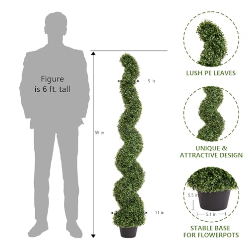 THE BLOOM TIMES 5ft Spiral Topiary Trees Artificial Outdoor Set of 2, Faux Boxwood Plants Outside - All-Year Green Fake Twisted Tree for Garden Front Porch Planter Decor 5 Foot
