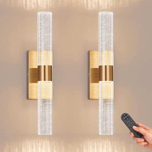 Image of Crystal Battery Operated Wall Sconce, Gold, Set of 2 | Wireless Rechargeable, Remote Control, 3000-6000K, 350 Rotate LED Dimmable, Cordless