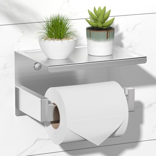 HITSLAM Brushed Nickel Silver Toilet Paper Holder, Stick on Silver Toilet Paper Holder with Shelf...