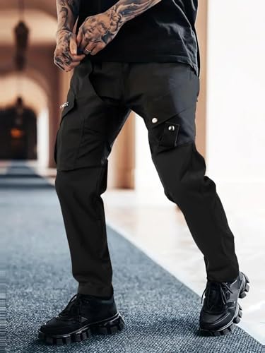 OYOANGLE Men's Drawstring Elastic Waist Flap Pocket Cargo Pants Streetwear Outdoor Hiking Trousers2