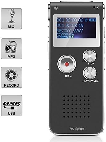 Digital Voice Recorder,8GB Capacity Digital Rechargeable Audio Recorder Dictaphone with MP3 Player for Recording Lectures, Meetings, Conversation and Interviews by Ashipher