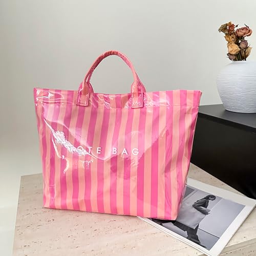 Image of Striped PVC Tote Bag for Women, Waterproof Plastic Hobo Handbag Summer Tote for Beach, Pool & Ideal Gift