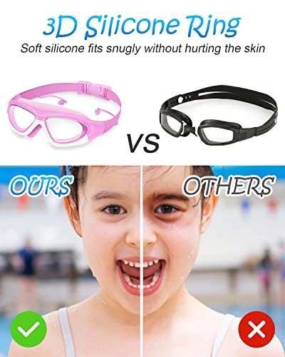 Victoper Kids Swimming Goggles for Children Girls Boys Big Frame Wide-Vision,Swimming Goggles Kids 6-14 No Leaking Anti-Fog Lens and UV Protection with FREE Case,Nose Clip Ear Plugs,Pink - Image 2