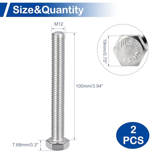 Image of MroMax 2Pcs M12-1.75 Hex Bolts, M12 x 100mm Hex Head Screws Bolts, 304 Stainless Steel 18-8, Fully Threaded, External Hex Drive, for Mounting Chair, Rail, Wheels, Boat and Plastic Bumpers
