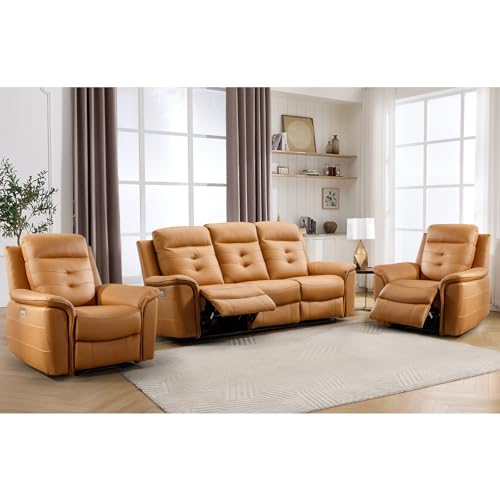 Image of ANJ 3-Piece Faux Leather Power Recliner Sofa Set with USB Charging Ports, Include 2 Single Large Recliner Chairs and a 3-Seater Reclining for Living Room, Yellow