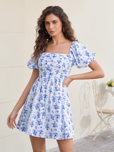Image of Women Puff Sleeve Graduation Short Dress | Square Neck A Line Casual Sundress Beach Wedding Guest Mini Dress