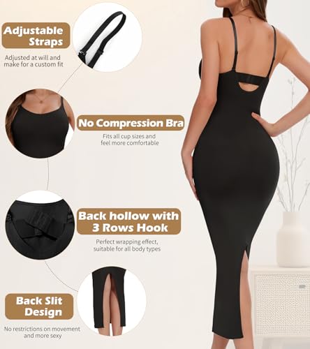 Image of Shapewear Slip Dress for Women Tummy Control Full Slip for Under Dresses Black Slip Dress Back Slit Long Dress