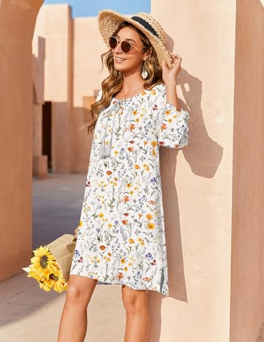 Image of Zeagoo Womens Boho Dresses Casual Beach Summer Dress Tassel Tie Neck 3 /4 Long Sleeve Mini Sundress 2026 Floral Print Cover Up