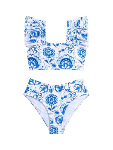 WDIRARA Girl's 2 Piece Ruffle Hem Shirred Tankini Sets Tank Top & High Waist Bikini Set Blue Floral 12Y