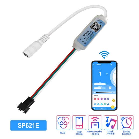 Image of WS2812B RGB Individually Addressable Pixel LED Strip - 5m (16.4ft) - 60 LEDs /m + SP621E Bluetooth Controller with Music Sync