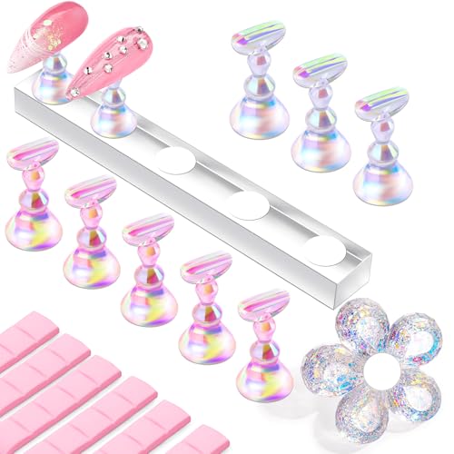 Makartt Nail Stand Display, Clear and Pink Magnetic Nail Holder Nail Tips Stand, Acrylic Clear Glitter Flower Nail Practice Holders Nail Painting Stand with Reusable Adhesive Putty