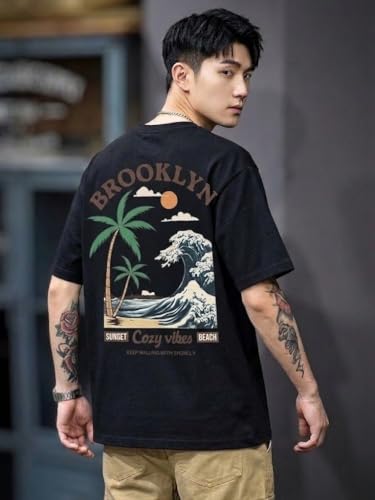 Image of SMOWKLY Authentics Men's Brooklyn Beach Digital Printed T Shirt | Round Neck Half Sleeve Casual T Shirt for Men | Casual Baggy Fit Stylish Comfortable Streetwear Fashion Tshirt for Men