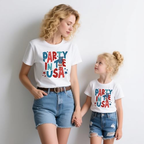 Mommy and Me 4th of July T-Shirt Mama Mini Party in The USA Shirt American Flag Bow Tees2