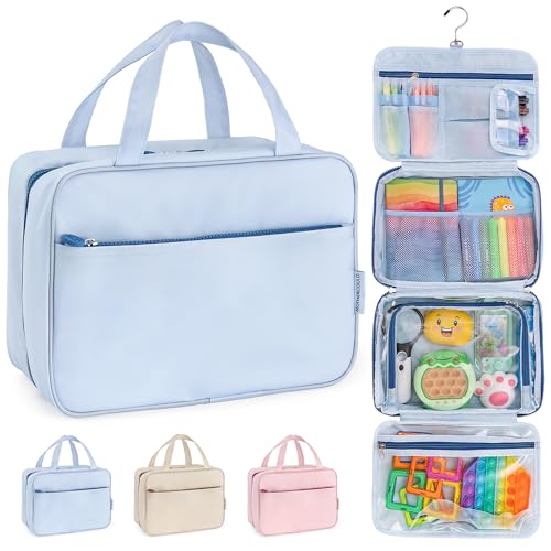 Kids Travel Organizer – Multi-Compartment, Water-Resistant Hanging Bag for Toys, Snacks, & Activities - Compact, Lightweight Design with Hook & Carry Handle - Perfect for Travel Use (Blue, Large)