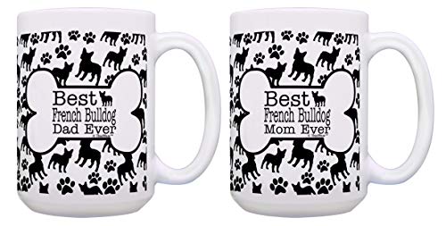 Best French Bulldog Dad and Mom Ever Mug Set Bone and Paw Print Pattern 2 Pack 15-oz Cups 15oz Mugs