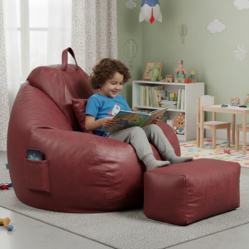 Image of KAM'S LIEU 5XL Premium Imported Suede Bean Bag Chair with Footrest & Cushion | Filled with High Density Polystyrene Beans | Premium Soft Fabric | Ready to Use Color- (Maroon, 5XL)