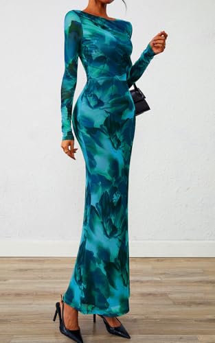 PRETTYGARDEN Women's Long Sleeve Floral Fall Wedding Guest Dress Casual Crewneck Ruched Bodycon Mesh Long Maxi Dresses4
