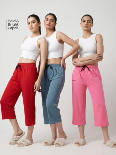 Image of Fflirtygo Women's Cotton Plain Calf Length Capri | Nightwear Pajama | 3 /4th Solid Pyjama Pant | Black Navy and Lavender Lounge Pants | Casual wear & Lounge Wear Capri Combo (Pack of 3)