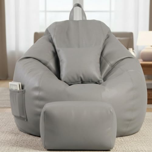 Image of KAM'S LIEU 5XL Luxury Faux Leather Bean Bag with Footrest & Cushion | Pre-Filled High-Density Polystyrene Beans | Premium Leatherette | 6 Months Warranty Color- (Grey, Without Footrest)