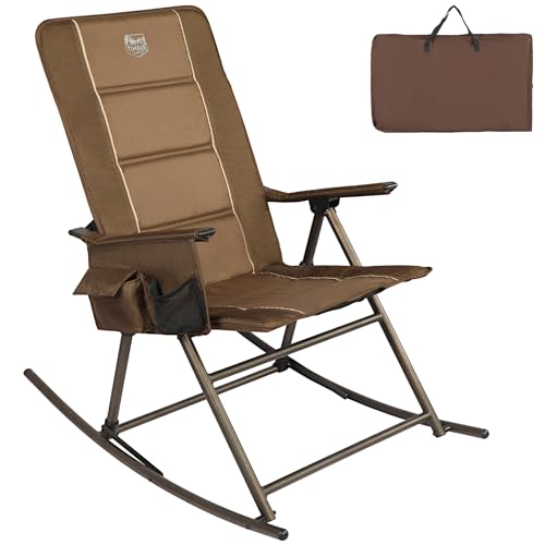 TIMBER RIDGE Folding Rocking Camping Chair, Padded High Back Outdoor Rocking Chair with Side Pocket, Portable Rocker Lawn Chairs for Adults, Heavy Duty Supports 300 LBS, Brown-1 Pack