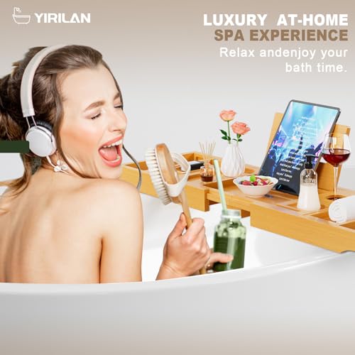 Yirilan Premium Bathtub Tray Caddy, Expandable Bath Tray, Foldable Premium Bath Caddy, New Home, Anniversary and Wedding Gifts for Couple, Bridal Shower Gift for Women - Fits Most Bath Sizes