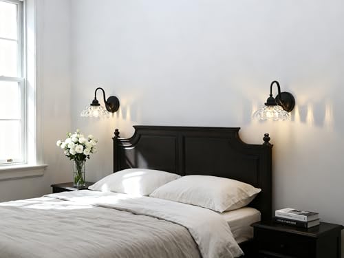 Image of Phansthy Antique Brass Wall Sconce Hardwired, Gooseneck 1-Light Single Vanity Wall Light with Umbrella-Shaped Clear Glass Shade, Wall Lamp for Bedroom Bedside Kitchen Hallway (Black)