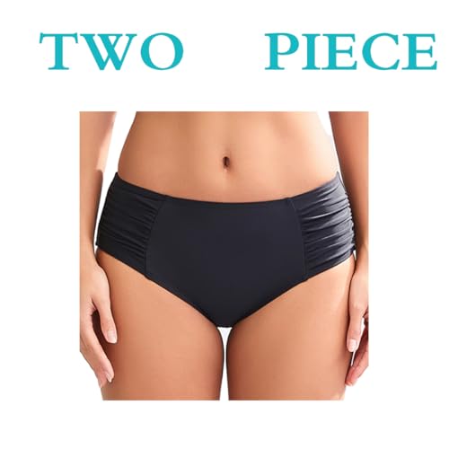 Image of Mid Rise Full Coverage Bikini Bottoms for Women Ruched Bathing Suit Bottoms | Swim Bottoms, Tummy Control, Mid Waisted, Swimsuit, Cute, Retro, Brazilian, Hipster, Tankini Bottoms, Swimwear, Beach, Pool