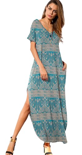 Image of GRECERELLE Women's Summer Maxi Dress Casual Loose V Neck Short Sleeve Side Split Long Dresses with Functional Pockets
