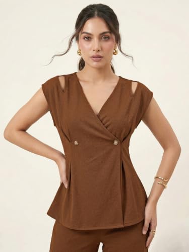 Image of Selvia Women's Solid Wrap Style Top with Wide Leg Trousers Co-Ord Set