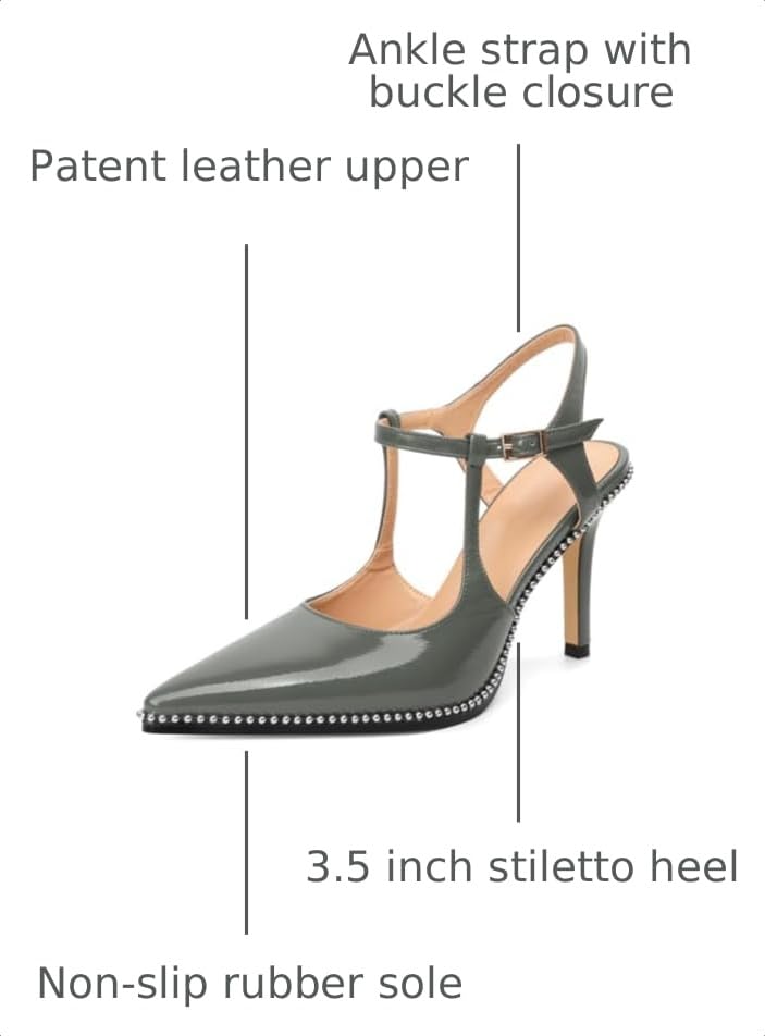 Image of SAMMITOP Womens High Heels Ankle Strap Pointed Toe Stilettos Patent Leather Beaded Pumps Dress Shoes 3.5 Inch