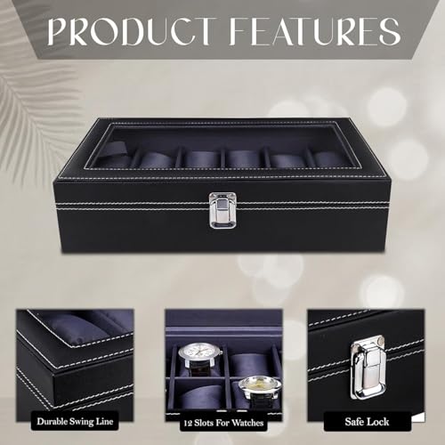 Image of Leather Watch Organizer with Glass Display (Black& grey, 12 Slots)