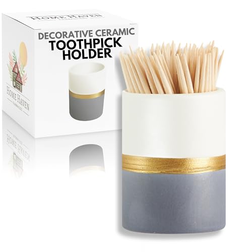 Home Haven Ceramic Toothpick Holder - White, Navy, and Gold Stripe Design - Toothpicks Holder Dispenser and Cocktail Pick Holder - Perfect for Parties, Weddings, or any Get-Togethers with Friends