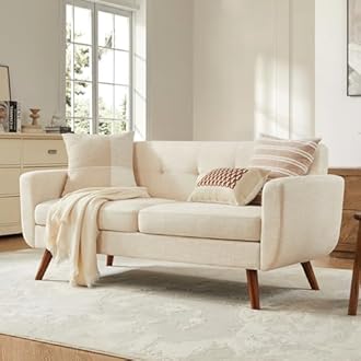 Tbfit 67" W Loveseat Sofa, Mid Century Modern Decor Love Seat Couches for Living Room, Button Tufted Upholstered Small Couch for Bedroom, Solid and Easy to Install Love Seats Furniture, Beige