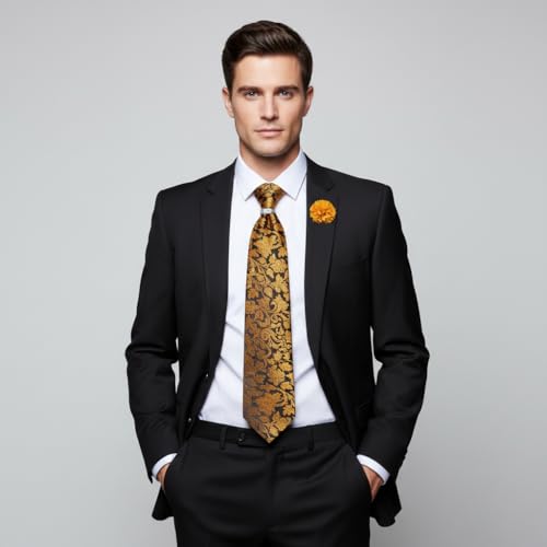 Image of 5PCS Tie and Pocket Square for Men, Silk Necktie and Handkerchief Cufflinks with Gold Ring and Lapel Pin Set