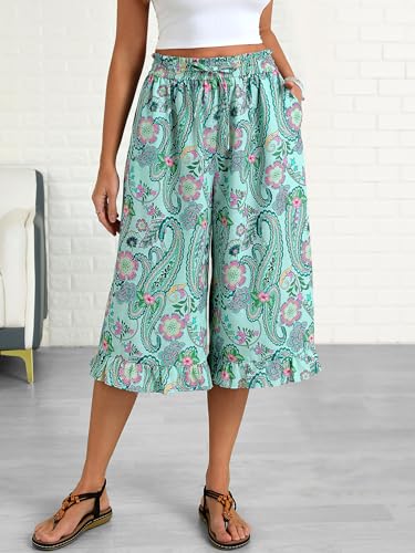 Image of Womens Wide Leg Palazzo Capri Pants Fun Vintage Print Flowy Cropped Capris
