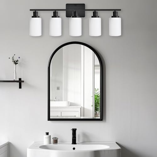 Image of LOUSACE 5 Light Matte Black Vanity Light Bathroom Lighting Fixtures Over Mirror with Opal White Frosted Glass Shade, Vanity Light Fixtures for Bathroom Bedroom Living Room