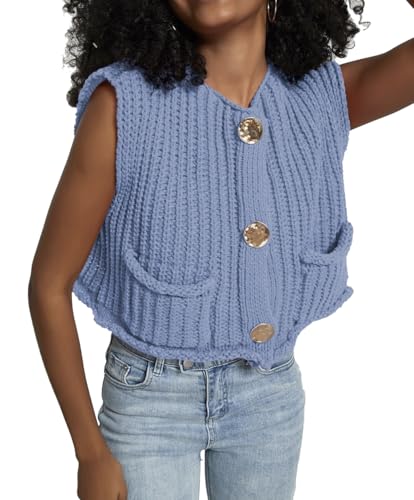 Image of Women's Sleeveless Crochet Cardigan Vest Casual Fashion Button Down Open Front Sweater Vest with Pockets