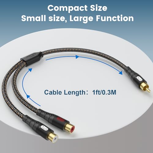Image of EMK RCA Splitter Cable 1 Male to 2 Female Y Adapter with Copper Shell & 24K Gold-Plated Connector RCA Male to Dual RCA Female Extension Cord Black /1ft /0.3m